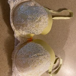 Yellow with white lace, jeweled bra
